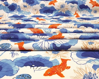 Koi Fish Fabric: Watercolor Asian Water Lilies, Drapery & Upholstery