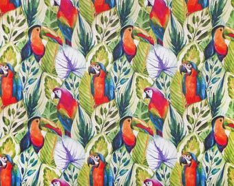 Tela de aves de la selva tropical: estampado de loros y tucanes