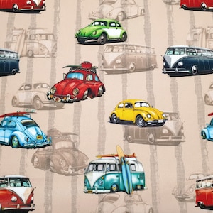 Beetle and Van Fabric by the Yard | Multicolor Vintage Vans and Beetle Cars Print Fabric for Home Decor, Kids Room | Upholstery, Drapery