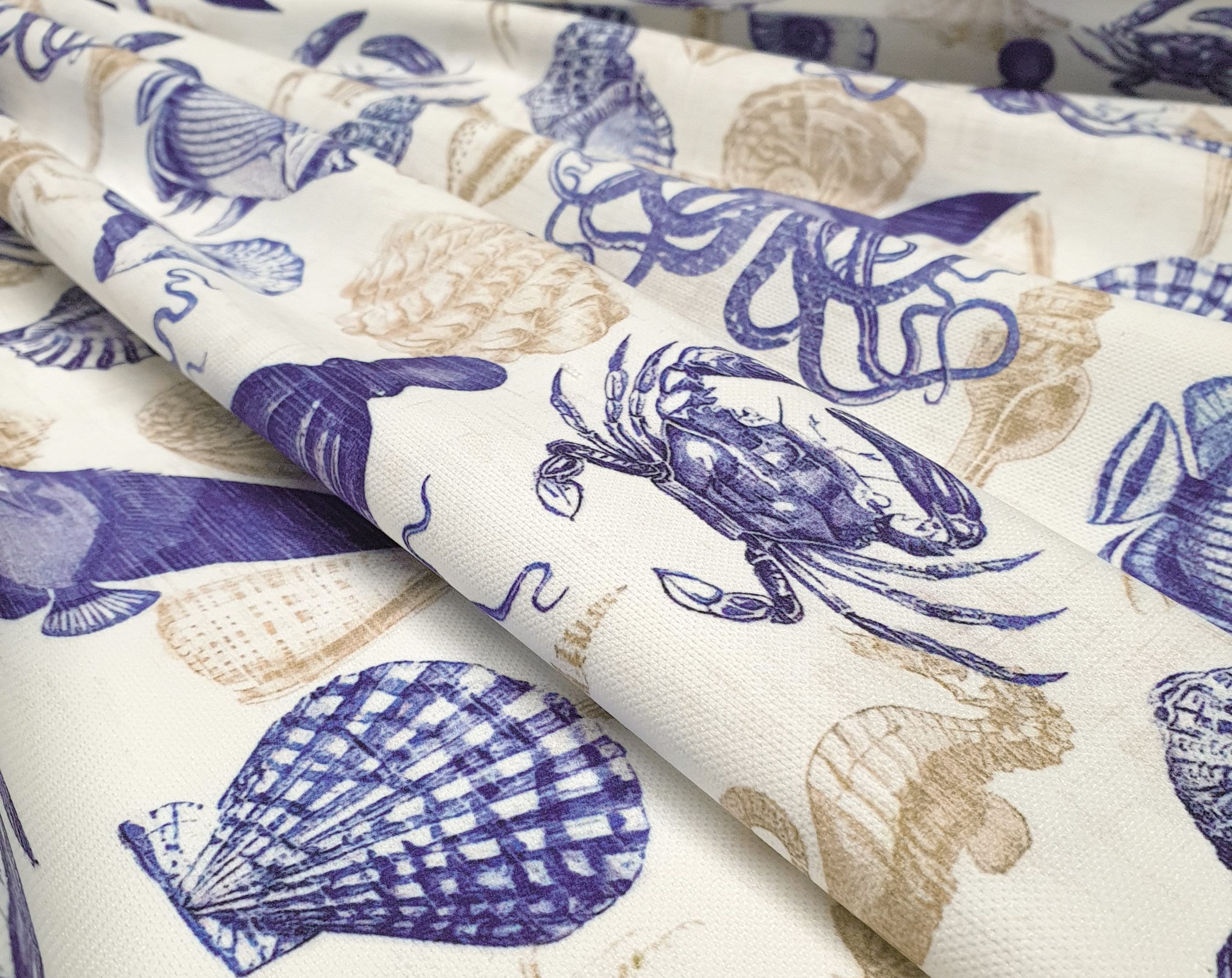 Nautical Sea Creatures Fabric - Ocean Octopus, Fish, Shell and Crab Print Fabric for Chair Upholstery, Coastal Home Decor Fabric by the Yard