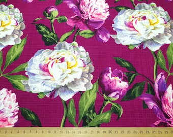 Peony Flower Upholstery Fabric by the Yard | Floral Leaves on Plum Print Fabric | Home Decor, Drapery | Furniture, Chair Upholstery Fabric