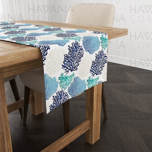 Nautical Table Runner | Blue and Mint Coral Reefs on White Table Runner, Coastal Living Home Decor Table Centerpiece, Beach House Decor
