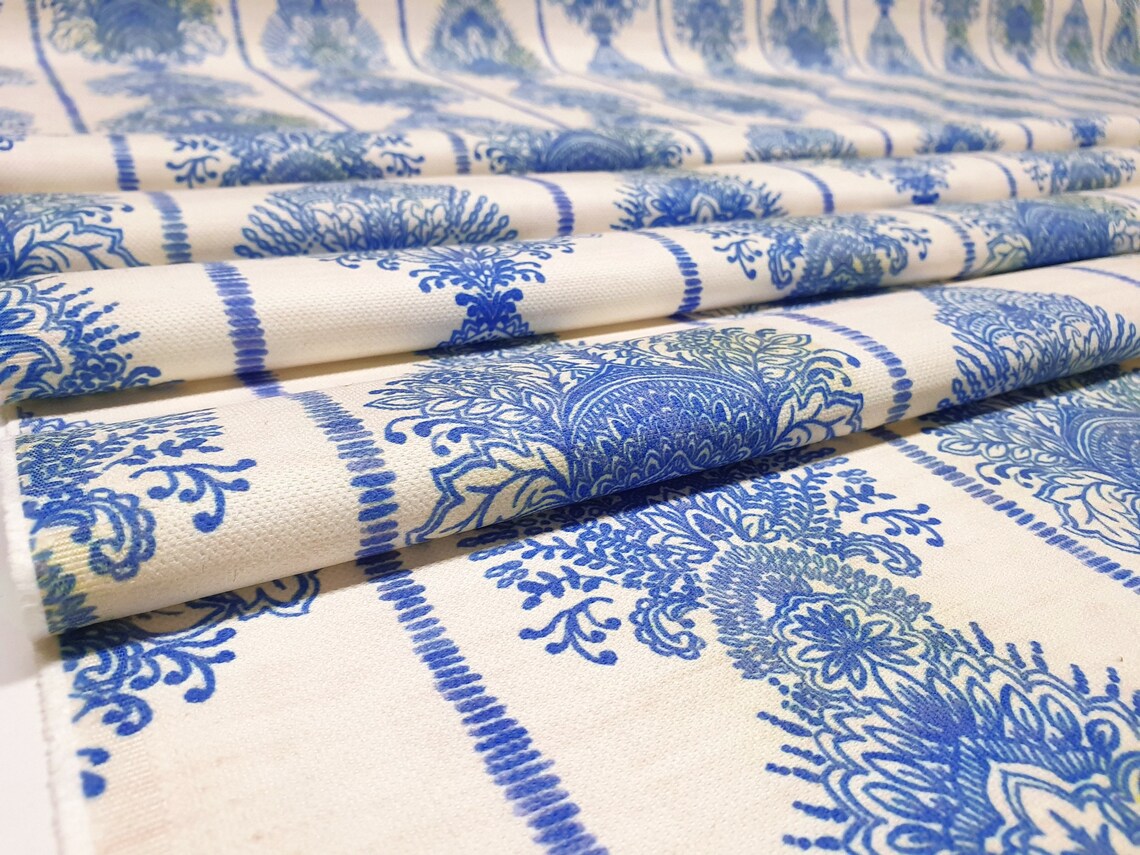 Blue Damask Upholstery Fabric Soft Retro Damask Print Fabric Etsy