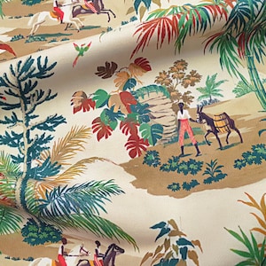 Martinique Island Toile Fabric by the Yard, French Pastoral Print Fabric, Farmers Under Banana Bamboo Trees Fabric for Upholstery Home Decor