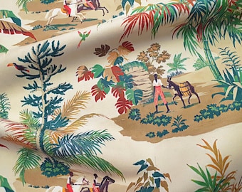 Martinique Island Toile Fabric by the Yard, French Pastoral Print Fabric, Farmers Under Banana Bamboo Trees Fabric for Upholstery Home Decor