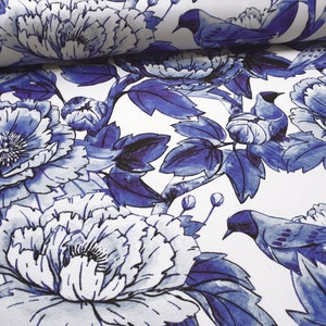 Blue Bird Flower Fabric, Upholstery Fabric for Sofa, Drapery, Bench, Lampshade, Sofa, Furnishing, Blue Fabric by the Yard, Watercolor Fabric