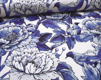 Stof Blue Bird Flower: aquarel bekledingsstof op maat gesneden