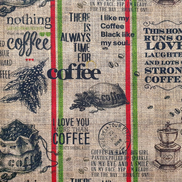 Coffee Sacks and Texts Stamped Jute Effect Fabric - Vintage Sacks Print for Home Decor,  Bench, Seat, Chair Upholstery Fabric by the Yard