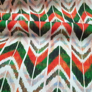 Ikat Fabric: Green Orange Aztec Arrow Print, Bohemian Upholstery Fabric
