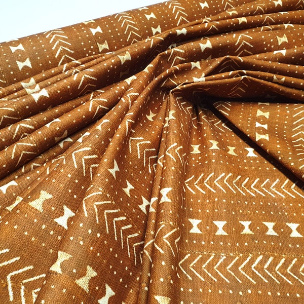 Bohemian Mudcloth Print Fabric - Ginger Color Boho Tribal Print Fabric for Home Decor, Mudcloth Print Chair Upholstery Fabric by the Yard
