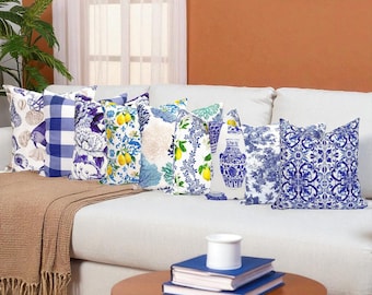 Blue Pillow Covers - Throw Pillow Collection Mix and Match, Majolica, Toile de Jouy, Bleu Blanc, Coastal, Floral and Animal Print Pillows