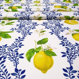 Floral Lemon Upholstery Fabric - Lemon with Navy Blue Leaves Print Fabric for Home Decor, Curtain, Furniture Upholstery Fabric by the Yard