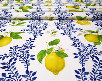 Floral Lemon Upholstery Fabric: Navy Blue Leaves Print, Home Decor By The Yard