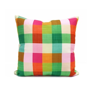 Rainbow Gingham Pillow Cover, Multi Color Big Checkered Cushion Case, Green, Pink Gingham Stain Resistant Fabric Throw Pillow, Gingham Check
