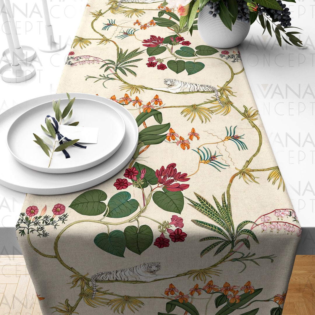 White Tiger Print Table Runner Wild Animals and Tropical Leaves Table