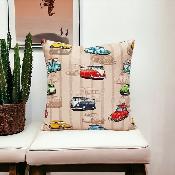 Beetle and Van Pillow Cover - Vintage Vans and Beetle Cars Print Decorative Pillow Case, Classic Beetle Throw Pillow, Antique Cars Pillow