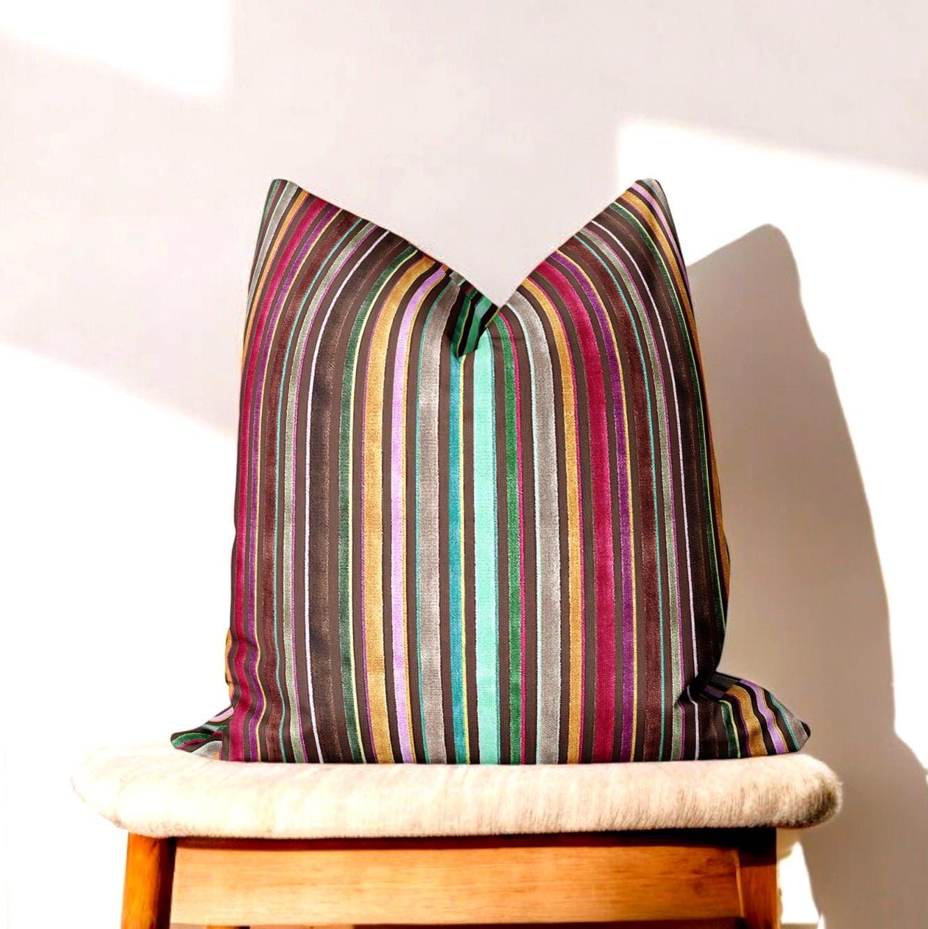 Retro Striped Pillow Cover: 1960s Geometric Rainbow Design