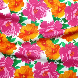 Fuchsia Orange Roses Print Fabric - Bright Flowers and Leaves on White, Fabric for Furnishing, Chair Upholstery, Fabric for Home Decor
