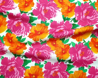 Floral Print Fabric: Fuchsia Orange Roses on White, Upholstery & Decor