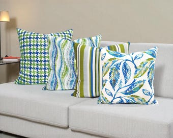Blue Green Coastal Pillow Cover: Houndstooth, Ikat, Striped Accent Throw