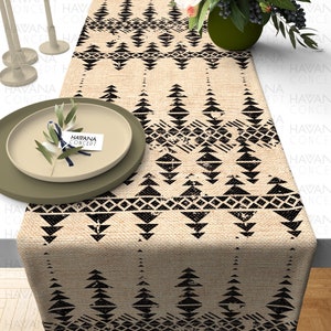 Tribal Aztec Table Runner: Southwestern Bohemian Black Beige Geometric Print