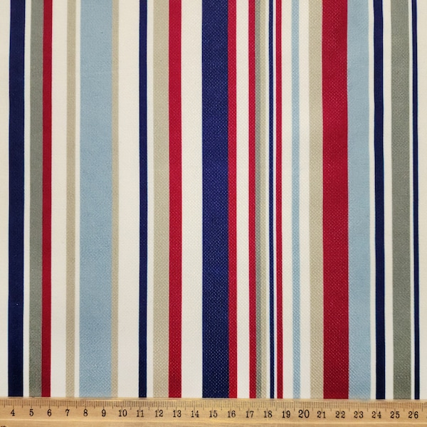 Striped Fabric by the Yard - Vintage Barcode Stripes Upholstery Fabric, Retro Chair Fabric, Navy Blue Maroon Light Blue Ivory Grey Stripes