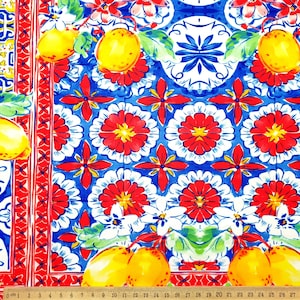 Italian Majolica Lemons Fabric - Sicilian Ceramic Tiles and Lemons Fabric for Chair Upholstery, Mediterranean Lemons Fabric by the Yard