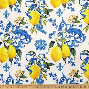 May include: White fabric with a repeating pattern of yellow lemons, blue and white floral designs, and blue and white scrollwork.