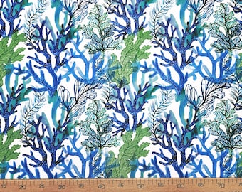 Coral Print Upholstery Fabric: Blue Green Nautical Seaweed Marine Garden