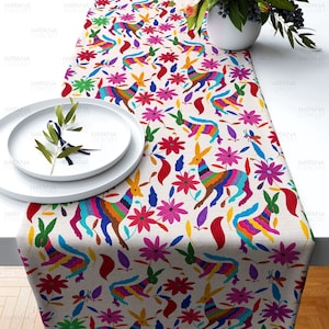 Colorful Mexican Otomi Print Table Runner | Various Sizes - Mexican Folk Art Otomi Flowers and Animals, Handmade Dining Decor Table Runner