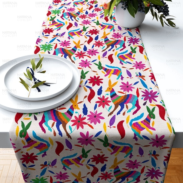 Colorful Mexican Otomi Print Table Runner | Various Sizes - Mexican Folk Art Otomi Flowers and Animals, Handmade Dining Decor Table Runner