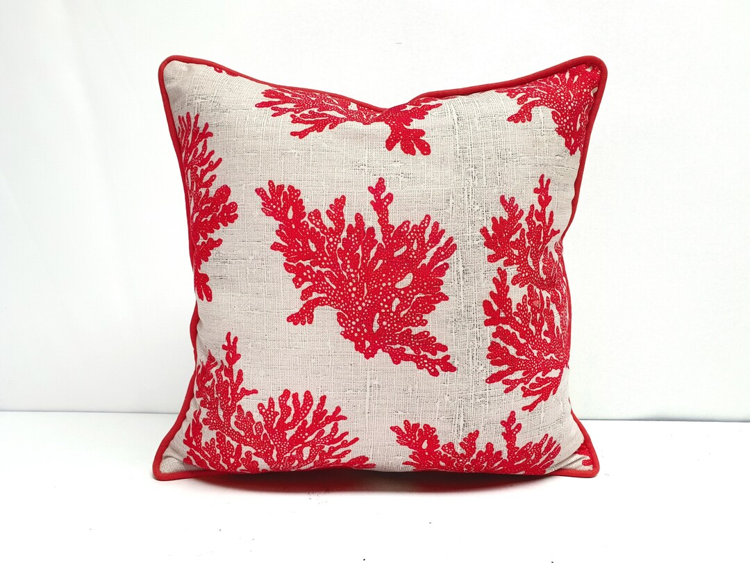 Nautical Pillow Cover Red Coral Reef Nautical Piped Throw Pillow, Coastal Home Decor, Nautical