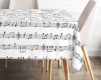 Musical Notes Tablecloth - Black White Tablectoh, Musical Art Print Tabletop, Music Book Table Linen, Art Decor Accessory, Song Decor idea