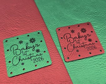 Baby’s First Christmas Tags | Electric Red Green ChromaHide Labels | 1.5" Square Knitting Crochet Tags | Handmade | Limited Edition