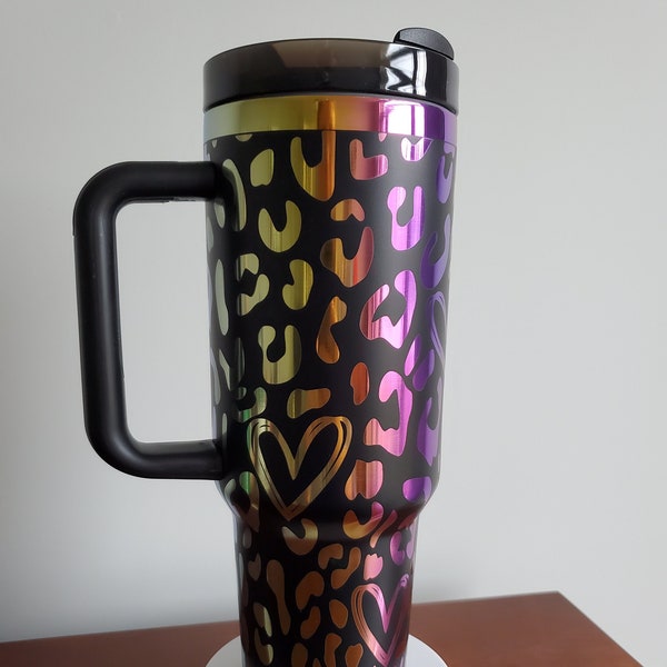 Ready to ship 40oz Black or White Rainbow Chrome Tumbler engraved with a Leopard and Hearts Print - STUNNING Full Wrap Design- perfect gift!