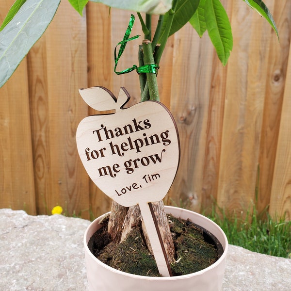 Personalized Apple Teacher Plant Stake / Ornament - Thanks for helping me grow - I add your child's name - great for gifts, plants, baskets!