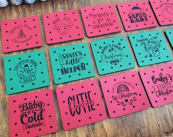 RED or GREEN Baby Christmas tags knit/crochet handmade items - Vegan leather labels 1.5" x 1.5" square - 12 holes - READY to Ship 14 choices