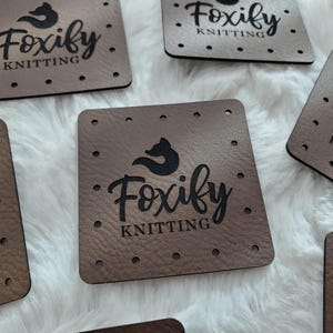 Vegan leather labels 2" x 2" square with round corners - 16 holes - custom tags for knit or crocheted items - branding - small business