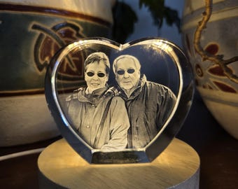 Custom Photo Portrait inside a Crystal Heart - optional light base - Memento, Wedding, Pets, In Memory of - keepsake- beautiful gift box