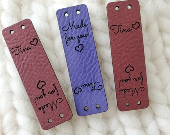 NEW smaller size (.6 x 2") for smaller items- Vegan leather labels-Rivet (not included) or Sew holes-custom tags for knit or crocheted items