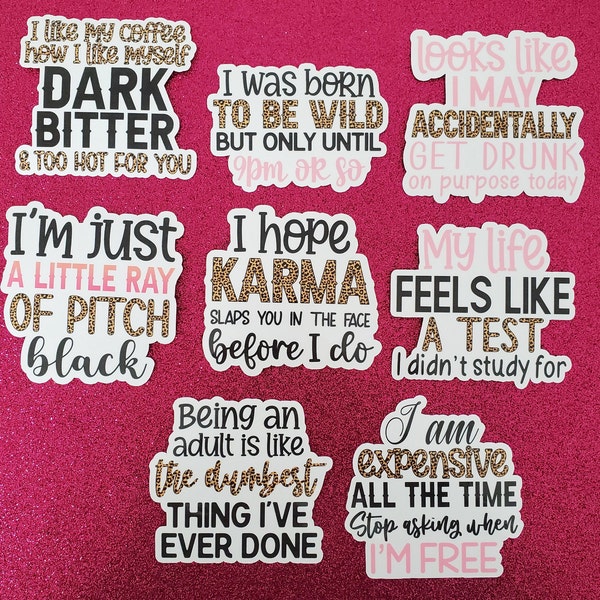 Fun Adulting, Coffee, Karma sticker 8 designs - all approx 3" wide or tall -waterproof-perfect for laptop, travel mug etc. FREE Regular Mail