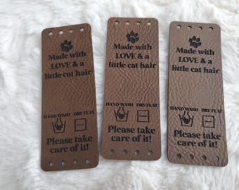 Fun large tags -Made with Love & a little dog/cat hair - Please take care of it - sets of 5 - 3" x 1.1" with sew holes