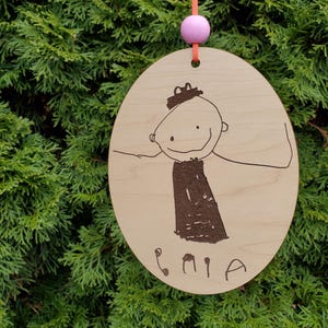 Child's Drawing engraved Wooden Ornament- Keepsake Gift - Kid's artwork - Doodles with text - Christmas or anytime Grandparent - mom - dad