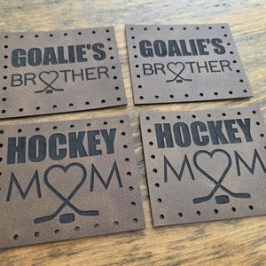 Ready to SHIP Hockey Mom or Goalie Mom patches- round or square corners - holes or NO holes - sew on - vegan leather for toques 2.75" x 2.3"