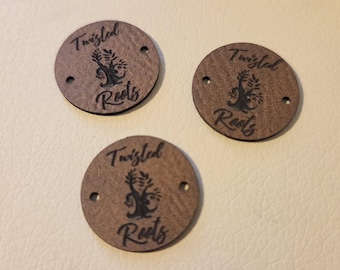 NEW - Vegan leather labels .9" round with 2 holes - fits a few words, symbol or a clear logo - custom tags for knit or crocheted items