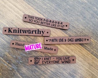 Snarky KNIT tags mix of 5 or 5 the same -  vegan leather tags 2.5 x .4" with 2 sew holes - fun tags for a special gift - MATURE