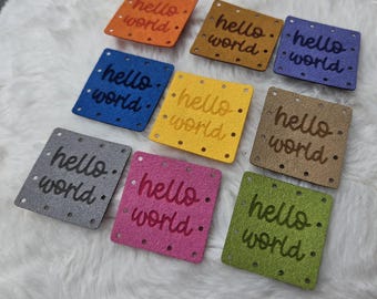 Hello World - NEW font and layout - lots of colours 1.5" with rounded corners - perfect for all your baby items 12 sew holes