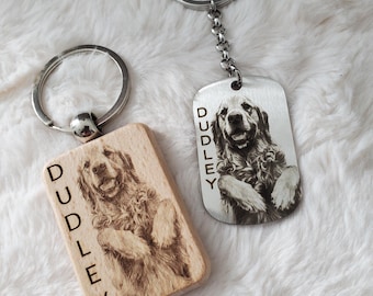 Personalized Pet Keychains with name - lovely gift for a pet owner - send a quality photo engraving - brushed gold or silver - or wood