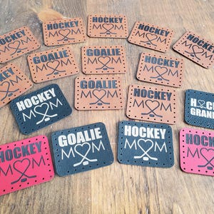 Ready to SHIP Hockey Mom or Goalie Mom patches- round or square corners - holes or NO holes - sew on - vegan leather for toques 2.75" x 2.3"