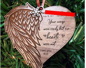 Beautiful Keepsake Wood Heart and Wings Christmas Ornament- to remember- can be personalized- in walnut (darker brown) or cherry (red tones)